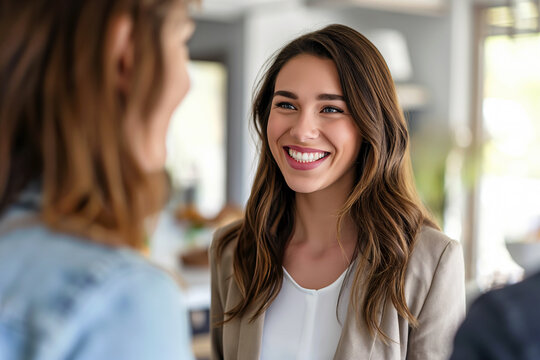 Two Women Engaged in Conversation and Smiling Happily