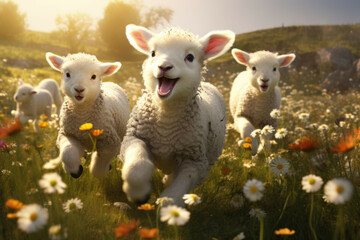 Fototapeta premium Playful lambs in a sunlit meadow