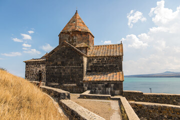 View of the Sevanavank, monastic complex located on the shore Lake Sevan. Armenia. - 710095350
