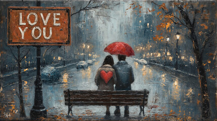 "Embracing Couple in Rain with Red Umbrella - Textured Oil Painting"