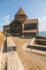 View of the Sevanavank, monastic complex located on the shore Lake Sevan. Armenia. - 710095387