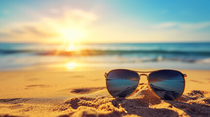 Beach concept - sunglasses on on a sandy beach with sunset light and blue sea background.