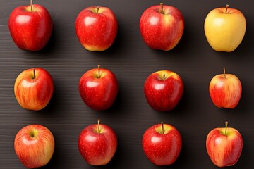 Set of three red apples isolated on white background. Red apples with leaves, closeup with top view, Top view of bright ripe fragrant red apples.