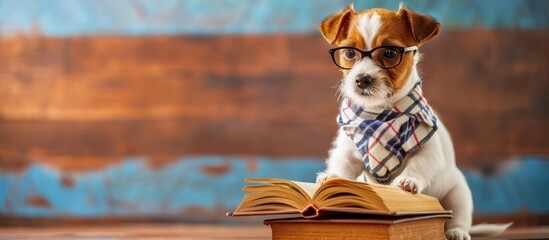Educated jack russell terrier puppy dressed for school with book. - obrazy, fototapety, plakaty