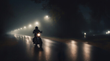 biker rides a custom chopper motorcycle at night along a road in the fog.