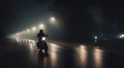 Gordijnen biker rides a custom chopper motorcycle at night along a road in the fog. © velimir