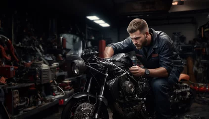 Papier Peint photo autocollant Moto repair and maintenance of a custom motorcycle in the service, a male master repairs a motorcycle.