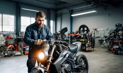 Fototapete Motorrad repair and maintenance of a custom motorcycle in the service, a male master repairs a motorcycle.