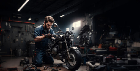 repair and maintenance of a custom motorcycle in the service, a male master repairs a motorcycle.