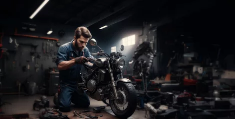 Cercles muraux Moto repair and maintenance of a custom motorcycle in the service, a male master repairs a motorcycle.