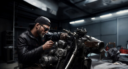 Fototapeta na wymiar repair and maintenance of a custom motorcycle in the service, a male master repairs a motorcycle.