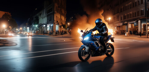 fast motorcycle race through the night city, a sports motorcycle and a motorcyclist in a uniform...