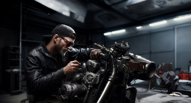 repair and maintenance of a custom motorcycle in the service, a male master repairs a motorcycle. © velimir