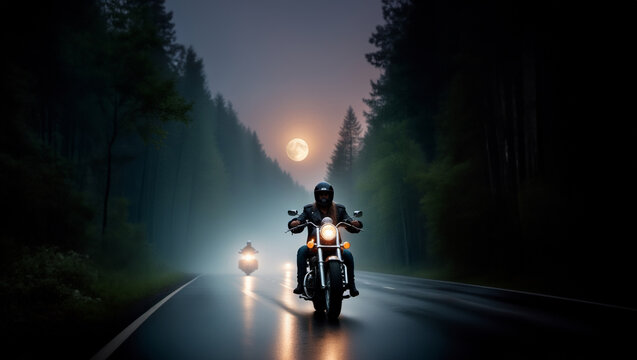 biker rides a custom chopper motorcycle at night along a road in the fog.