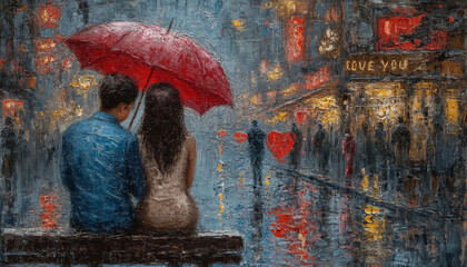Romantic Evening Painting with Couple Sharing Umbrella in Rain - obrazy, fototapety, plakaty