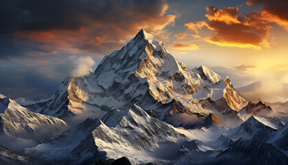 Majestic mountain peak in winter, a breathtaking adventure generated by AI