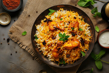 spicy and delicious chicken biryani, top view - obrazy, fototapety, plakaty