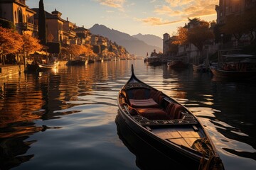 Serene ride of gondola at dusk, contemplating mountains and historical architecture., generative IA