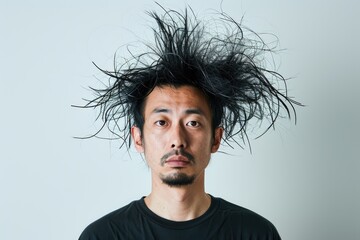 Fototapeta na wymiar Artistic studio portrait of a Japanese man with a creative hairstyle, isolated on a minimalist white background