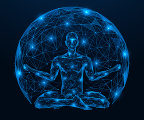 A meditating person. Polygonal design of interconnected lines and dots. Blue background.