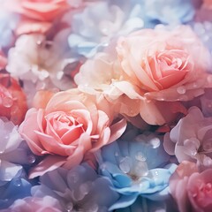 close-up of blossom roses. with blue sky background. A picturesque colorful artistic image with a soft focus.