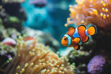 Beautiful colorful sea fish live in an aquarium among various algae and corals. Rare fish species in the aquarium. Red Amphiprion Clown fish.