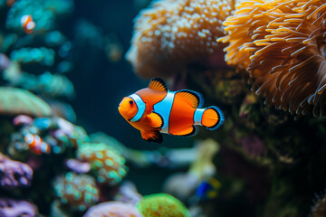 Naklejka na ściany i meble Beautiful colorful sea fish live in an aquarium among various algae and corals. Rare fish species in the aquarium. Red Amphiprion Clown fish.
