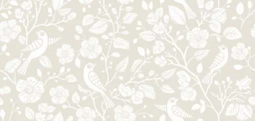 Foto op Aluminium Two-color vector floral pattern with birds. Design for wallpaper, wrapping paper, background, fabric. Vector seamless pattern with decorative climbing flowers © sunny_lion