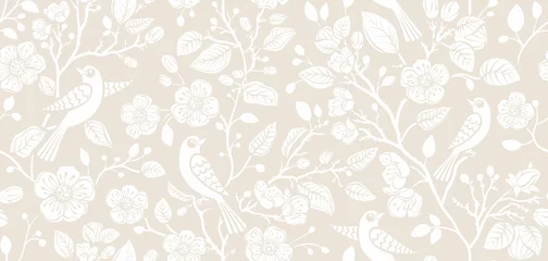 Poster Im Rahmen Two-color floral pattern with birds. Design for wallpaper, wrapping paper, background, fabric. Seamless pattern with decorative climbing flowers © sunny_lion