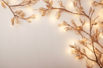 Soft Christmas lights from a garland with Christmas tree branches on an almond background