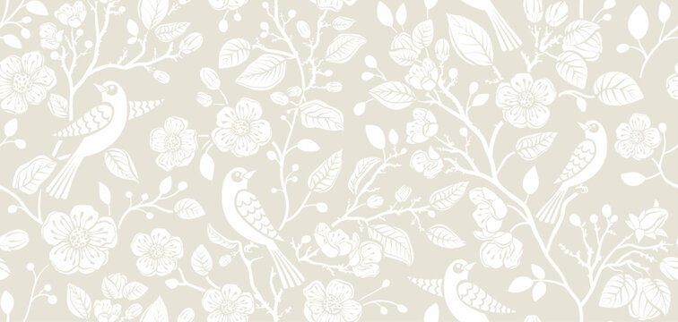 Two-color vector floral pattern with birds. Design for wallpaper, wrapping paper, background, fabric. Vector seamless pattern with decorative climbing flowers