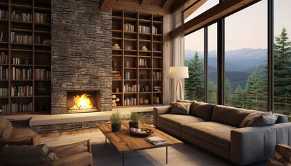 Luxury wooden hotel or house living room interior with sofa and fireplace, shelf partition with books and art decoration. Relax place with panoramic window on forest. 3D rendering