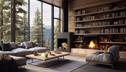 Luxury wooden hotel or house living room interior with sofa and fireplace, shelf partition with books and art decoration. Relax place with panoramic window on forest. 3D rendering