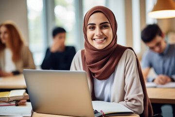 Young Muslim student girl, dressed in traditional hijab attire, graces her classroom with warm smile, as she engages with fellow learners and focuses on camera. She uses her laptop for study