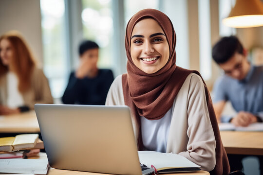 Young Muslim student girl, dressed in traditional hijab attire, graces her classroom with warm smile, as she engages with fellow learners and focuses on camera. She uses her laptop for study