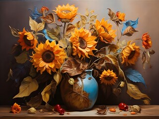 Vibrant oil painting of sunflowers. Brown background. Generative AI