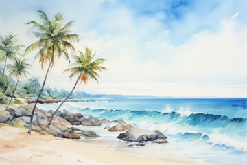 Fototapeta na wymiar Watercolor painting of tropical landscape with palm trees, beach and calm blue ocean. Peaceful picture of nature