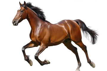 horse Brown galloping fast, isolated on white background - obrazy, fototapety, plakaty