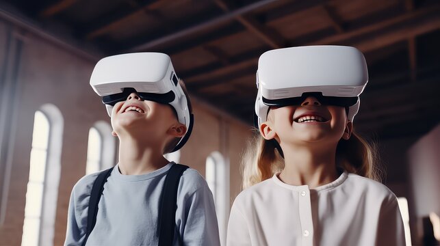 happy children in vr headsets looking at camera while standing in hall