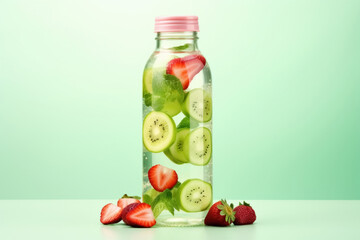 Glass transparent bottle with refreshing drink detox infused water with kiwi and strawberry. Isolated beverage on green background banner