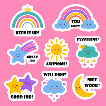 Job and great job stickers with cute rainbows, stars for kids. Stickers for teacher, students school to reward, motivate, encourage for learning, study, home tasks. Reward stickers, success, congrats.