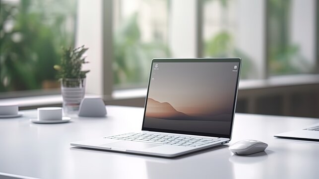 An open laptop and a mouse standing on a white table