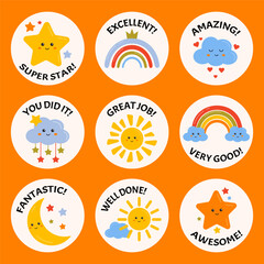 Job and great job stickers with cute rainbows, stars for kids. Stickers for teacher, students school to reward, motivate, encourage for learning, study, home tasks. Reward stickers, success, congrats.