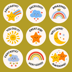 Collection of school reward stickers for kids, encouragement, motivation labels, badges for schoolers, children. Great job, good job, success, congrats, excellent work labels with rainbows, stars.