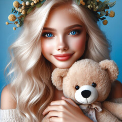 Naklejka premium Portrait of a beautiful blonde girl with a teddy bear.