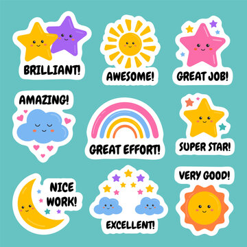 Encouragement good job, well done, excellent work stickers for kids, schoolers. Useful for teachers for motivation, learning, educational award, reward labels, badges. Stars, rainbows design.