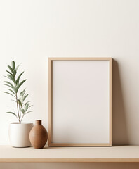 Mockup poster with wooden frame on beige wall. Decorative plant and vase. Minimalist