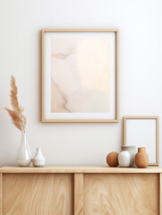 Mockup posters with wooden frame on beige wall. Decorative dry plant and vases 