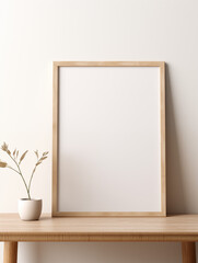 Mockup poster with wooden frame on beige wall. Minimalist