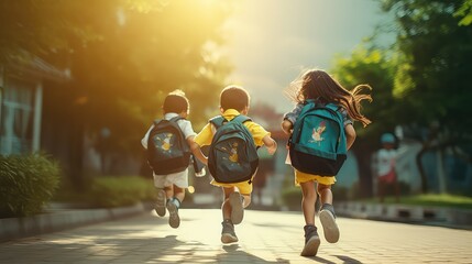 Back to school concept. Cute children with backpacks running to school. - obrazy, fototapety, plakaty